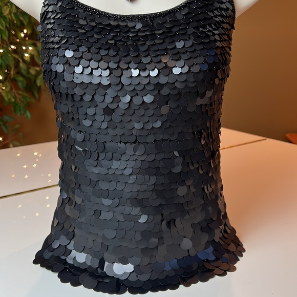 🖤SHE’S BLACK LARGE SEQUIN & BEADS ADJUSTABLE SPAGHETTI STRAP SPARKLY TOP SMALL - Picture 5 of 16
